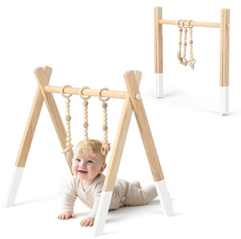 COSTWAY Portique d’Eveil, Arche de Jeux pour Bébé en Bois avec Jouets, Centre d'Activité Pliable, Cadeau de Naissance, 4 Couleurs Nature/Vert/Gris/Rose (Blanc)