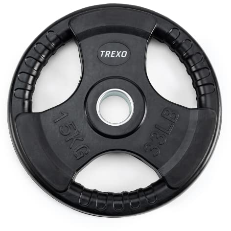 TREXO 15 kg Belastung 36 cm Durchmesser Scheibe mit Griffen Gusseisen beschichtet für Langhanteln Langlebige ergonomische Scheibe Fitness Krafttraining Crossfit RW15