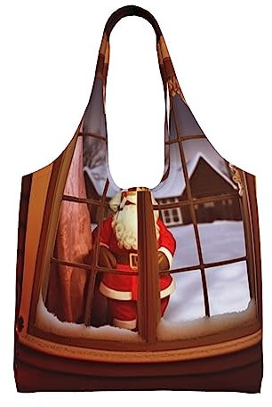 OUSIKA Einkaufstasche aus Segeltuch mit Weihnachtsmann-Motiv außerhalb des Fensters, lässige Handtasche, Schultertasche, wiederverwendbare Einkaufstasche für Damen, Strand, Weihnachtsmann vor dem
