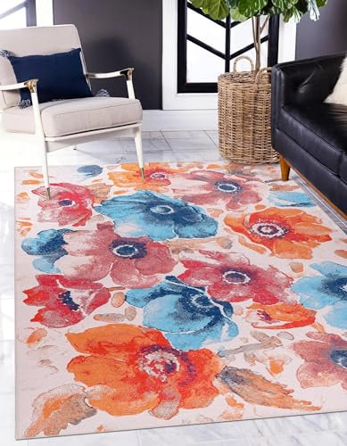 DAPHNE HOME DECOR Tapis antidérapant pour cuisine, chambre à coucher, salle à manger et salon - Poils courts et doux - Convient aux enfants et animaux domestiques (floral - Marguerite, 160 x 230 cm)