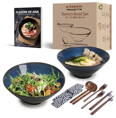 Ramen Bowl Set of 2, 1100ml Japanese Style Ceramic Noodle Bowls (with Spoons, Chopsticks Kits) for Soup, Cereal, Pasta, Pho, Udon, Mixing Salad & Snack, Home Warming Gift
