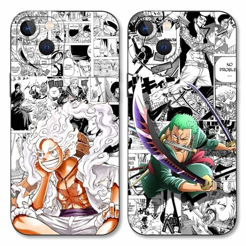 2 Stück Handyhülle für Apple iPhone 13 Hülle 6.1'' Anime Luffy Zoro Gear 5 Sun God Nika Muster Design Manga Mode Case Kameraschutz Schutzhülle Stoßfest TPU Silikon Weich Ultra Dünn Schwarz2