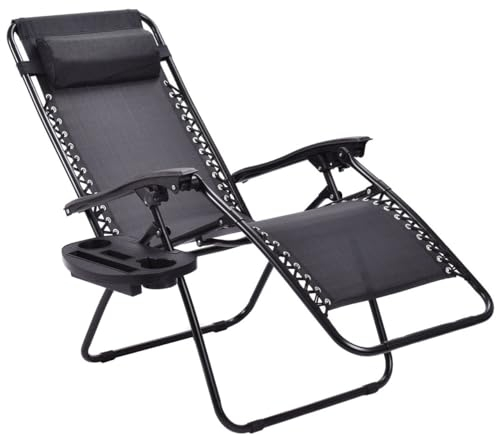 ZOPPER Zero Gravity Chair - Outdoor & Garden Adjustable Sunlounger With Cup Holder & Headrest Pillow | Folding Heavy-Duty Textoline Reclining Chair - Black