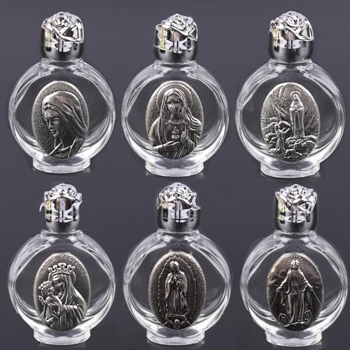YAMSLAM 6 botellas de agua bendita en relieve, botella de cruz religiosa, botella de escultura virgen cristiana, botella de agua bendita, regalo religioso, vial para el hogar, viajes, 6 unidades