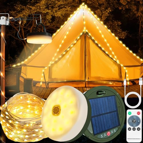 Yeelan Camping Lichterkette Aufrollbar, 10M Solar Camping Lichterkette Außen, Tragbare LED Campinglampe, IP65 Wasserdichte, Wiederaufladbar über USB, Outdoor Lichterketten für Hof und Wandern