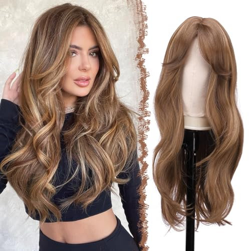 FESHFEN Lange Perücken mit Pony, Geschichtete Perücke für Damen Frauen Natürliche Synthetik haare Perucken für Tägliche Party Cosplay, 65 cm Honigblond Gemischt Hellbraun