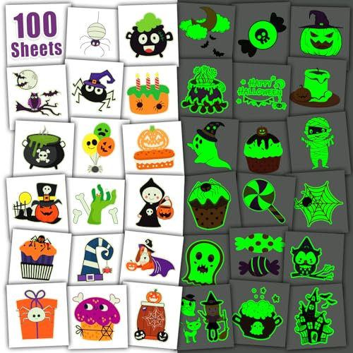 Leesgel Halloween Leuchtende Tattoos Kinder,100 Blätter Halloween Temporäre Tattoos Kindertattoos,Einzeln Verpackt Halloween Tattoo Aufkleber für Halloweenparty Dekoration Zubehör