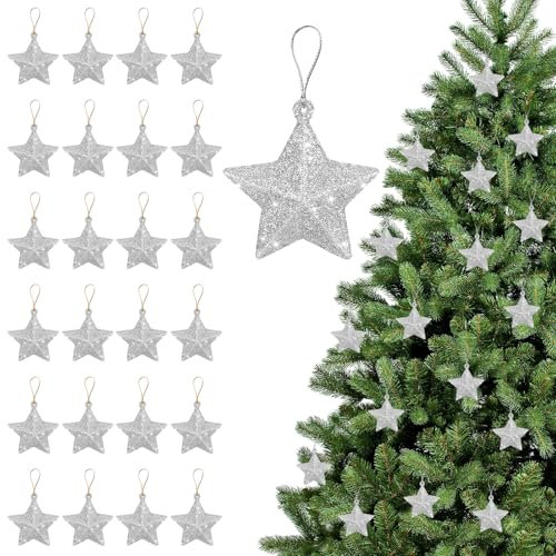 Stella Natale Albero, 24pcs Stelle Pendenti Natale, Decorazioni Stelle Pendenti, Addobbi per l'Albero di Natale, Adatte per Natale Appese ad Alberi di Natale, Caminetti, Finestre(Argento)