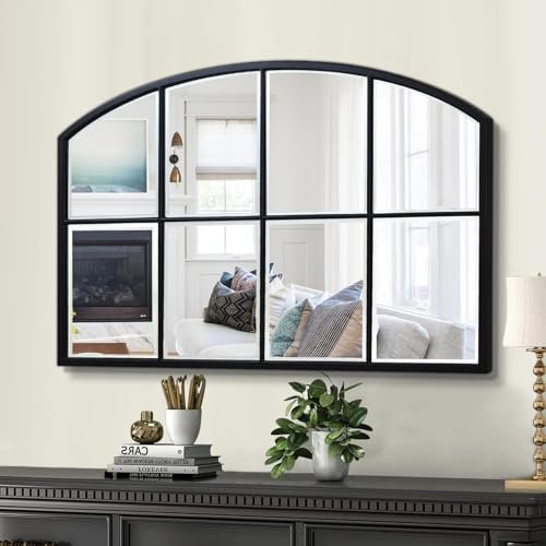 Jesantab Black Window Mirrors for Wall Decor, Farmhouse Wide Arched Mirror, Wood Framed Decorative Mirror for Living Room, Entryway, Hallway, Fireplace, 41.3“X27.5”