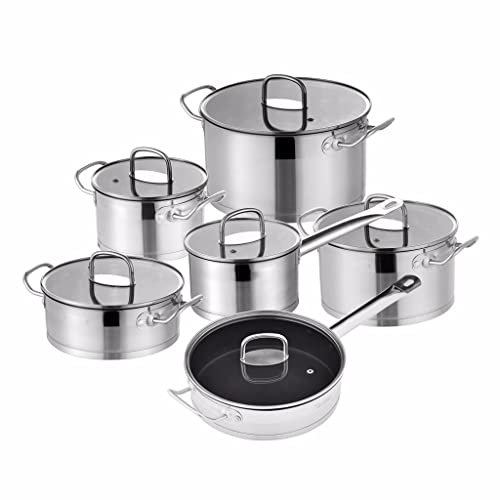 saucepan set,Cookware Set 12 Piece Stainless Steel Kitchen Cooking Pot&Pan Sets Induction Saucepan Casserole with Tempered Glass Lid