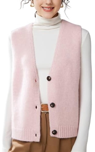 Valin Pull sans Manches Cachemire Femme Col V Boutonné,Rose,M