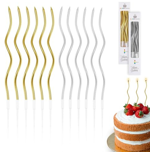 24 Velas Cumpleaños Originales | 12 Color Oro Metalizado y 12 Plateadas | Vela de Cumpleaños Originales para Tarta Cupcakes con soporte | Largas y finas de 16,4 cm de color dorado y plateado