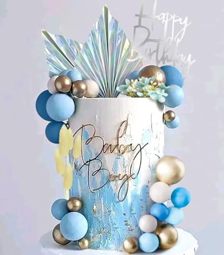 JeVenis Silver Blue Cake Decorations Palm Leaf Cake Decorations Glitter Blue White Silver Balls Cake Topper for Birthday Party Baby Shower Wedding Supplies
