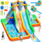 FINCOME Inflatable Water Slide Bounce House with Extend Long Splash Waterslide for Kids Backyard, Blow Up Bouncy Castle Park with 2 Water Pool, Basketball Hoop, Water Cannon for Indoor, Outdoor, Party