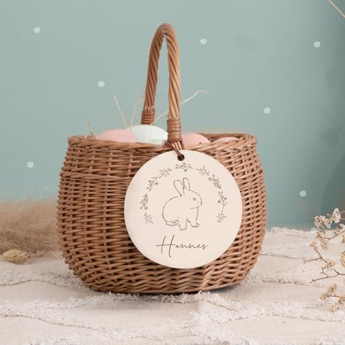 Personalisiertes Osterkörbchen – Weidenkörbchen für Kinder & Babys – Mit süßem Tier-Design – Ostereiersuche & Ostergeschenke - Flechtkorb - hello mini (Hase Gravur, Ø20cn)