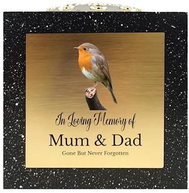 In Loving Memory Of Memorial Rose Bowl Grave Marker Flower Pot Vase With Robin Design Mum Dad Grandad & Lots More Black/Gold (UV PRINTED) (Mum & Dad)