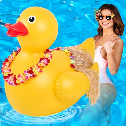 Hungdao 4 Fuß Riesige Gummiente mit Luau Party Gras Röcke Hawaii Gras Rock Aufblasbare Ente Pool Float für Hawaii Sommer Schwimmbad Karneval Geburtstag (Keine Luftpumpe enthalten)