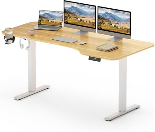SANODESK Escritorio Elevable Eléctrico 160x75cm con Tablero(con Gancho/Portabotellas), Standing Desk, Escritorio Ajustable en Altura con Tablero, Función de Memoria, para Trabajo/Hogar(Arce)