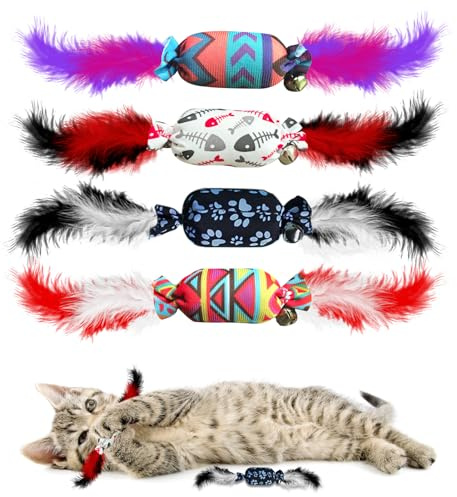 jiuhao Candy Feather Bell Cat Toys,Indoor Cat Toys 4-Pack with Feathers Jingle Toy Kitten Play Kick Bite Chew Interactive Boredom Toy