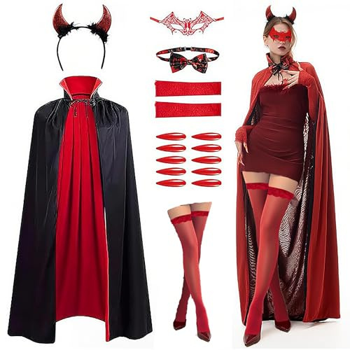 JOYTIX®Halloween Grusel Kostüm: 7-teiliges Vampir Set mit Blutrotem Umkehrumhang, Teufelshörnern & Fledermausmaske für Erwachsene und Kinder (130-200cm)