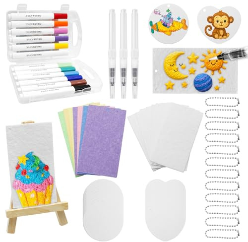 Rwbimti Magic Puffy Paint, 65 Teiliges DIY Schaum Textur Malset, 3D Drawing Magic Schwamm Leinwand, 12 Farben Stifte 32 Pcs Schaumstoff Textur Papier, Magisches Puffy Paint FüR Schaumtextur Malerei
