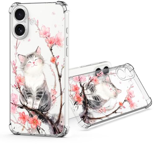 JRIANY für iPhone 17 Durchsichtig Hülle, Transparent Weich TPU Silikon Handyhülle mit Bunt Blumen Muster Motiv Stoßfest Kratzfest Kameraschutz Schutzhülle Slim Clear Klar Case Cover - Katze