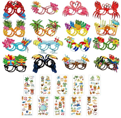 DUINIU 32 Gafas De Sol Y 10 Pegatinas Hawaianas, Decoraciones Para Fiestas Temáticas Hawaianas, Gafas Para Fiestas En La Piscina En La Playa, Adecuadas Para Fiestas En La Playa.