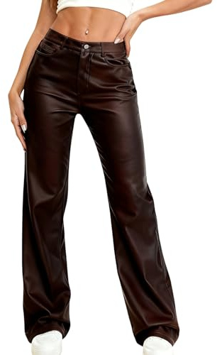 OYOANGLE Women's Leather Pants Y2K PU High Waist Wide Leg Pants Concert Pocket Straight Going Out Trousers Chocolate Brown XX-Small