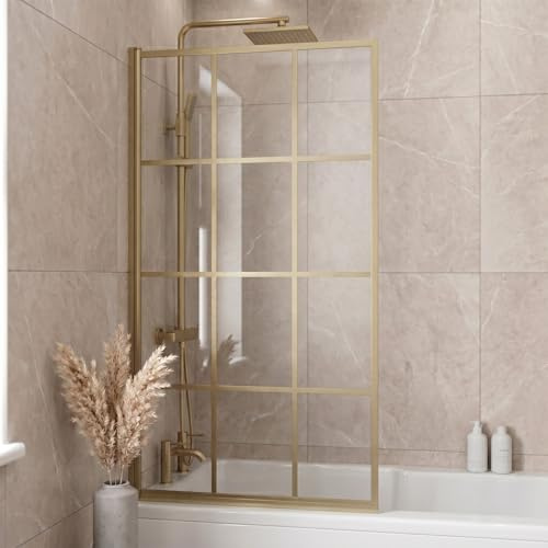 LUXURA® 800 x 1400mm Brushed Brass Square Grid Over Bath Shower Screen Door 6mm Clear Toughened Safety Glass Panel 180° Pivot Bathroom Hinged Framed Bath Screens