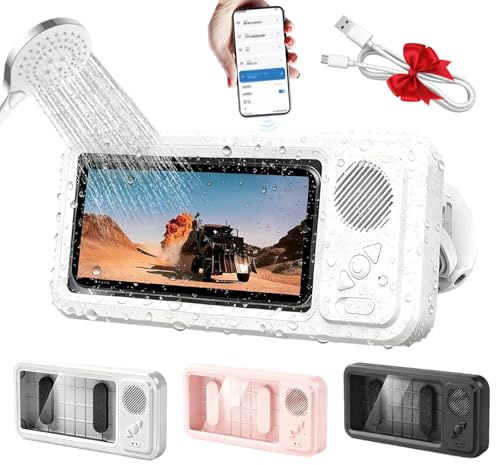 Support de téléphone de douche avec haut-parleur Bluetooth sans fil, support de téléphone étanche avec rotation à 480°, haut-parleur Bluetooth intelligent intégré, accessoires pour téléphones