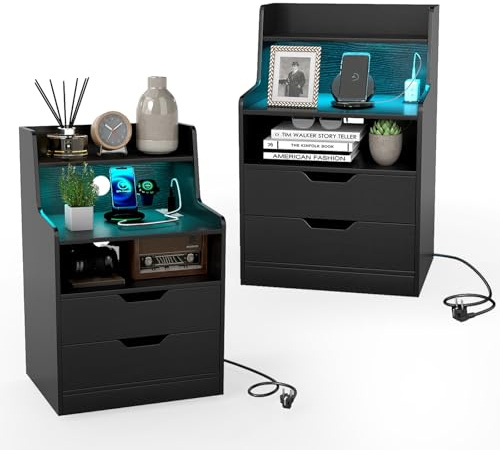 COSTWAY Nachttisch mit LED-Lichtern und Ladestation, 2er Set, Beistelltisch mit 2 Schubladen, offenen Fächern & Fernbedienung, Sofatisch, Nachtschrank für Boxspringbett, 45 x 35 x 72,5 cm (Schwarz)