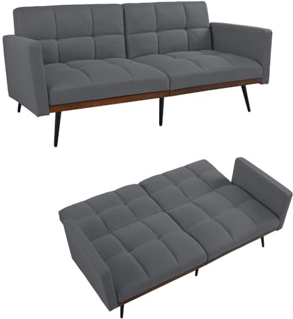 Futon-Sofa Bett 146 Cm Faltbar Mit Verstellbarer Rückenlehne Modernes Graues Loveseat Für Kleine Räume Platzsparend Multifunktional Als Gästebett Und Couch193 (Grey + Linen + 2 Seat + Foam-1)