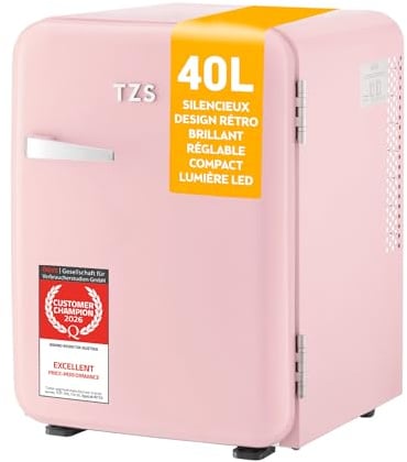 TZS First Austria Mini Réfrigérateur Rétro 40L - Silencieux 22dB - Sans Compresseur pour Chambre & Bureau - Rose - Frigo d'appoint - Design Vintage