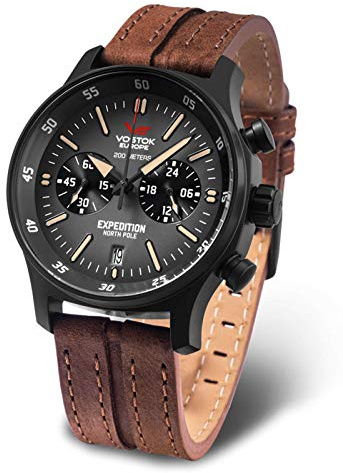 Vostok Expedition compact Herren Uhr analog Quarzwerk mit Leder Armband VK64-592C558