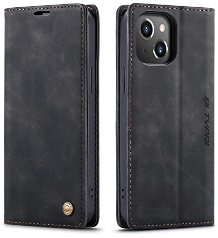 QLTYPRI Case for iPhone 13 mini, Vintage PU Leather Wallet Case Card Slot Kickstand Magnetic Closure Shockproof Flip Folio Book Case Cover for iPhone 13 mini - Black