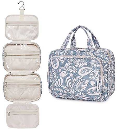 Narwey Kulturtasche Damen Kulturbeutel zum Aufhängen Waschtasche Gross Kosmetiktasche Groß Waschbeutel Kosmetik-Organizer für Damen Mädchen (Blaues Blatt)