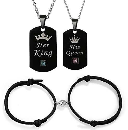 Cupimatch 4PCS King Queen Dog Tag Halskette Magnetische Paare Armband Gegenseitige Anziehung Magnet Armbänder Geschenk für Herren Damen