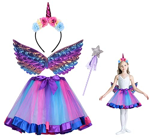 ACWOO Mädchen Einhorn Prinzessin Kleid, Fee Kostüm Mädchen,Tutu Rock Ballettrock, Unicorn Kostüme Kinder mit Einhorn Stirnband Flügel Zauberstab für Halloween Geburtstag Party (3-10 Jahre) (Violett)