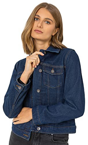 Roman Originals Jean Denim Jacket for Women UK Ladies 100% Cotton Summer Casual Stretch Crop Smart Utility Trucker Biker Fitted Vintage Wash Faded Classic Jeans Work Twill - Indigo - Size 16