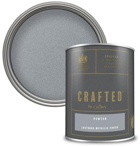 Crown CRAFTED Pewter Metallic Emulsion Paint for Walls & Wood 1.25L | Silver lustrous metallic wall paint & wood paint. Stunning shimmering finish - ideal for feature walls, stripes & stencils