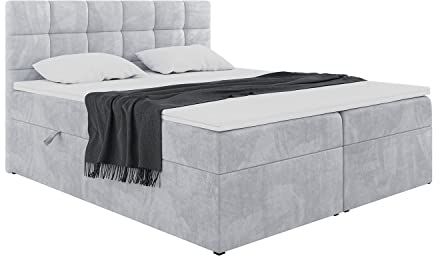 MEBLINI Boxspringbett mit Bettkasten - Gepolstert Doppelbett mit Matratze und Topper - Polsterbett mit Stauraum - Bett mit Kopfteil - Stauraumbett - TAPO 2-160x200 - H3/Hellgrau Samt
