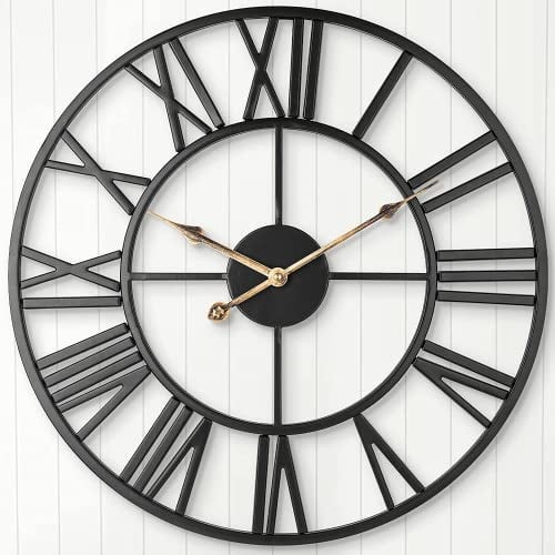 ARVINKEY Large Silent Wall Clock, European Farmhouse Vintage Clock with Roman Numerals, 60cm Non-Ticking Battery Operated Metal Skeleton Decorative for Home Kitchen (Black)