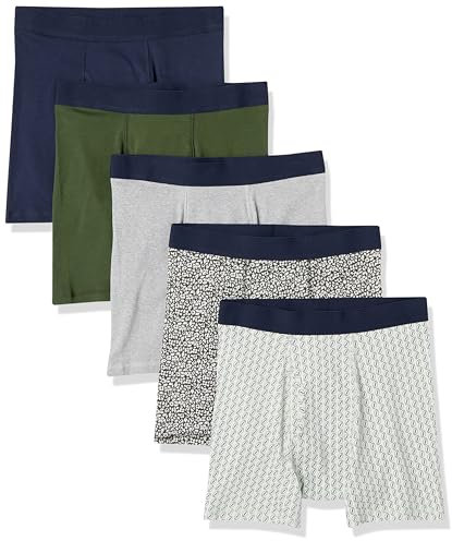 Amazon Essentials Calzoncillos Cortos Tipo Bóxer, de Algodón Cómodo, sin Etiquetas Hombre, Pack de 5, Azul Marino/Estampado de Rugby/Gris Mezcla/Verde Floral/Verde Oliva, L