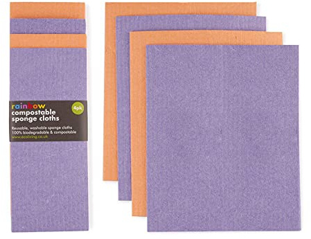 EcoLiving Compostable Sponge Cleaning Cloths - Dishcloth - Eco Friendly & Sustainable Biodegradable Sponge Cloths | Made of Cellulose & Cotton | Reusable Kitchen Cleaning Cloth(4 Pack Ranbow Bright)