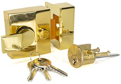 Standard Deadlocking Nightlatch, 40mm Backset, Complete with Rim Cylinder Lock, Supplied with 3 Keys. External Lock for Front and Back Doors. (Polished Brass)