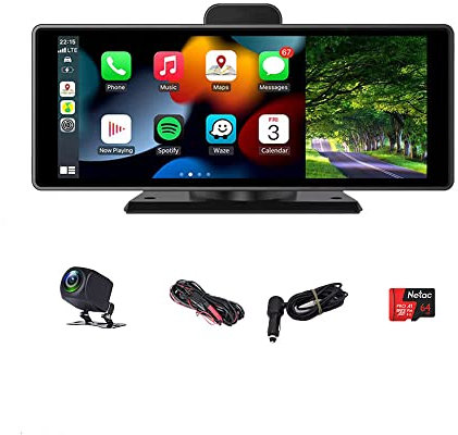 Boomboost Monitor DVR 2K da 10 Pollici Carplayer e Android Auto WiFi Dash Cam Telecamera per la retromarcia Videoregistratore Cruscotto Doppio Obiettivo, Scheda SD da 64 GB