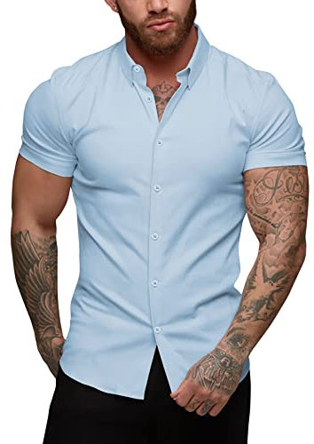 URRU Men's Muscle Dress Shirts Slim Fit Stretch Short Sleeve Casual Button Down Shirts for Men Light Blue L