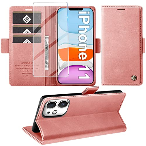 Giyer Handyhülle für iPhone 11 Hülle mit Schutzfolie, Standfunktion Kartenfach Wallet Premium Leder Schutzhülle für iPhone 11 5G 6.1 Zoll Flip Case Cover Stoßfeste Klapphülle (Rosa)