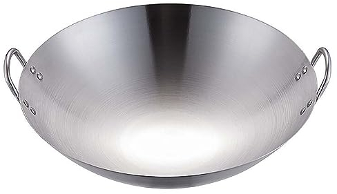 UHGFIMP Wok INOX, Poele Wok Aucun Fond Plat Chimique Poêle À Sauter, Grande poêle à Frire en Acier Inoxydable, Saine Anti-adhésive et Facile à Nettoyer,32cm