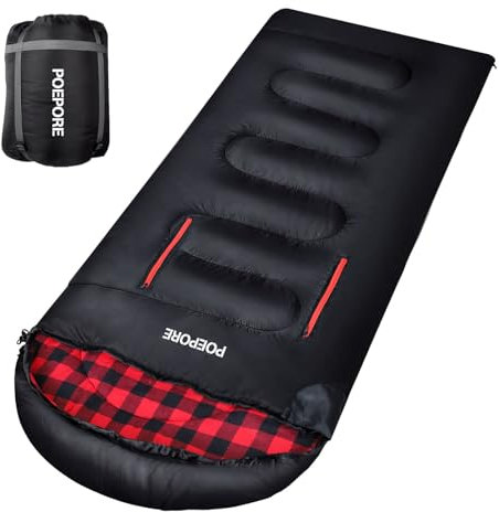 POEPORE Flannel Sleeping Bag with Pillow Lightweight Warm Weather 3-4 Seasons for Adults XL Wearable Sleeping Bag Waterproof with Compression Sack Black/Red